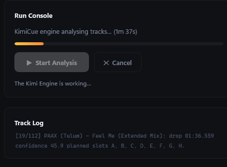 KimiCue Kimi Engine track log showing live results